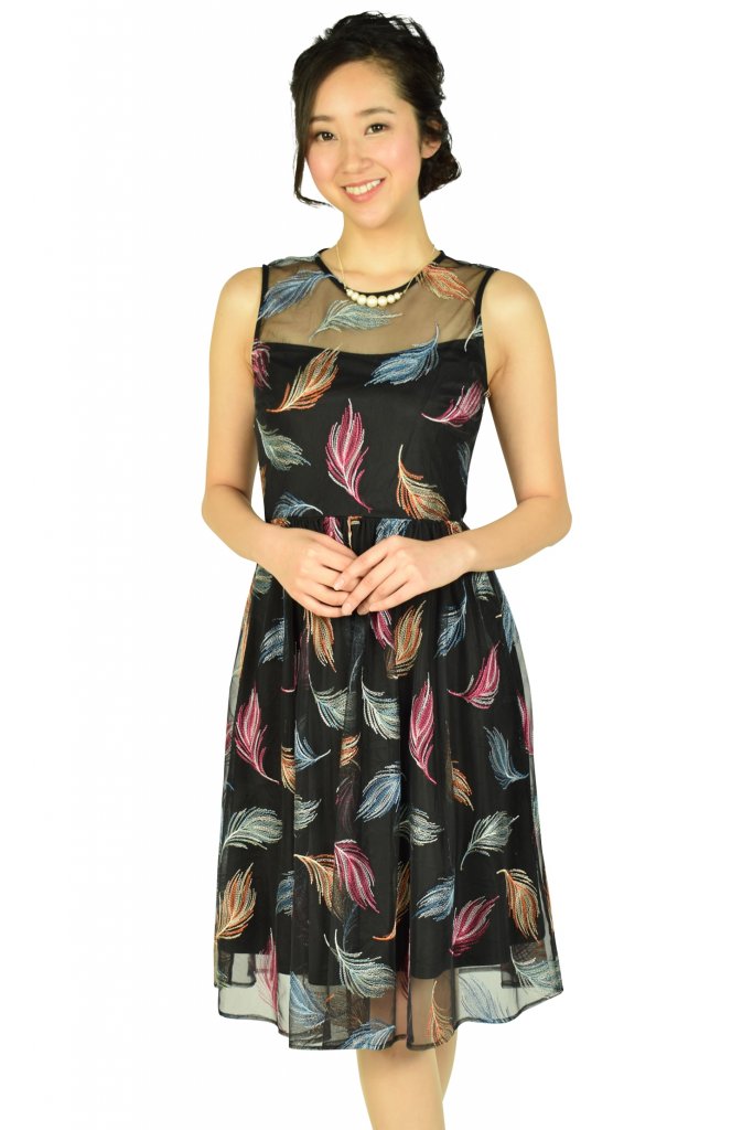 カルバンクライン （Calvin Klein） マルチ羽刺繍ブラックドレス