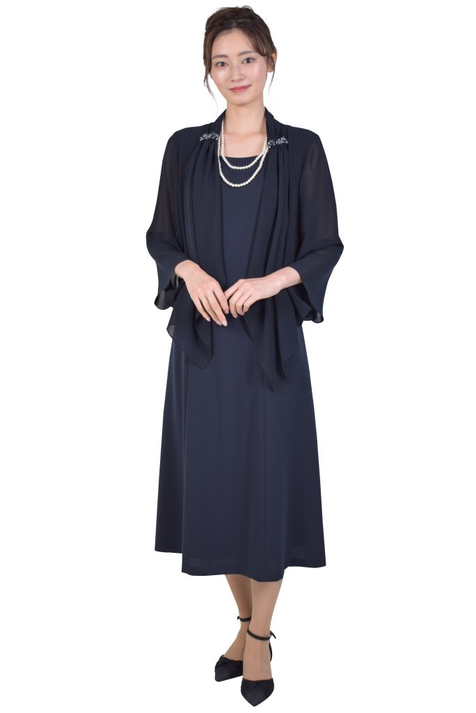 Yukiko Kimijima 東京ソワール 羽織付き風濃ネイビーミモレ丈ドレス