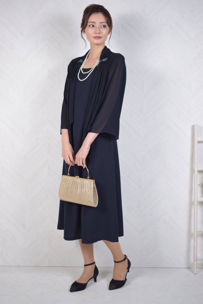 Yukiko Kimijima 東京ソワール 羽織付き風濃ネイビーミモレ丈ドレス