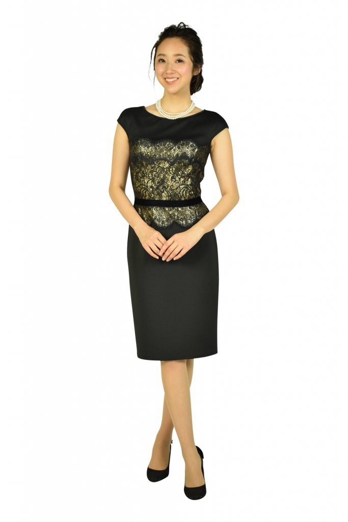Tadashi Shoji エレガントブラック×ゴールドタイトドレス