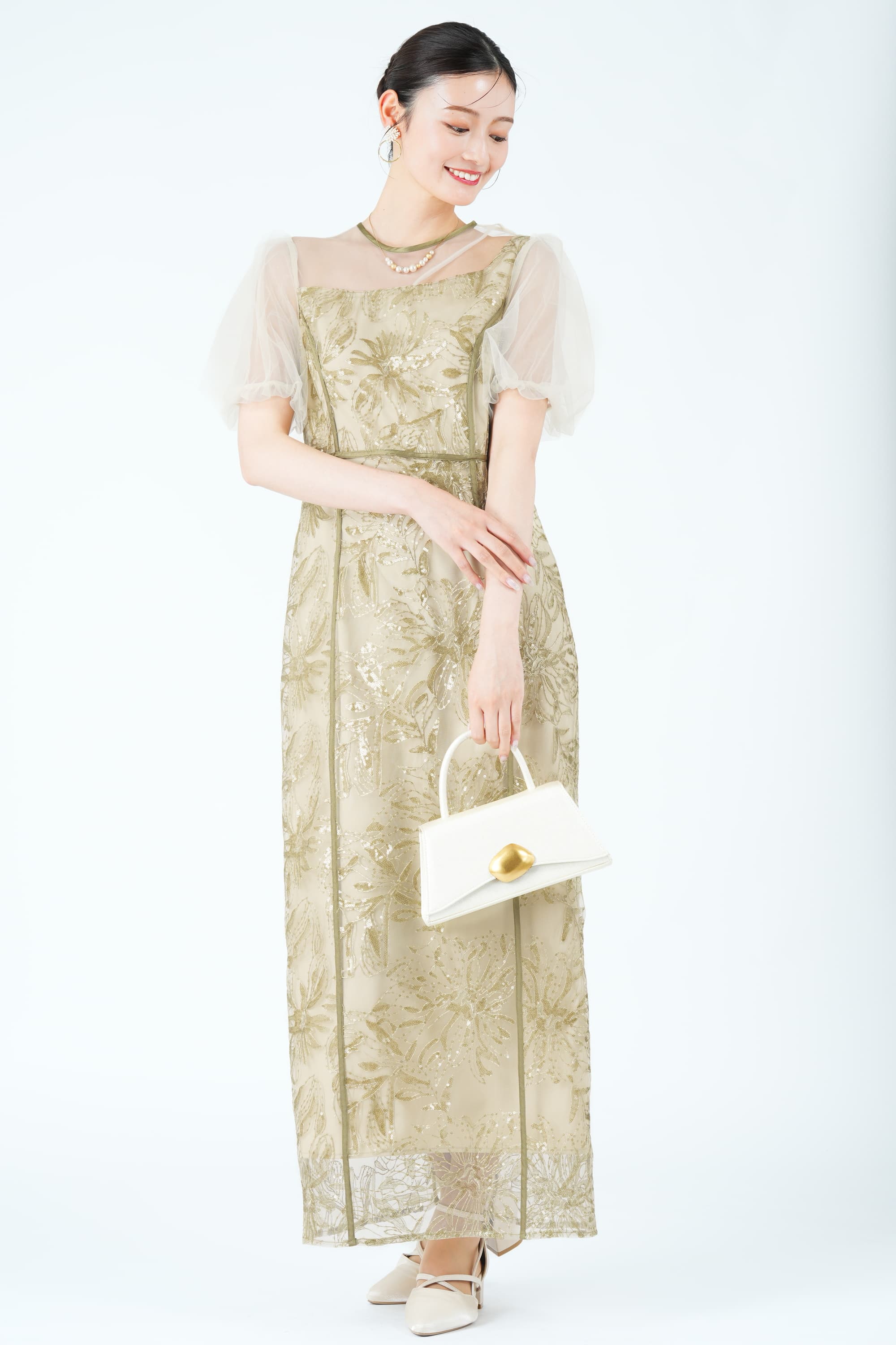 LEJA アシンメトリーカット花刺繍グリーンドレス