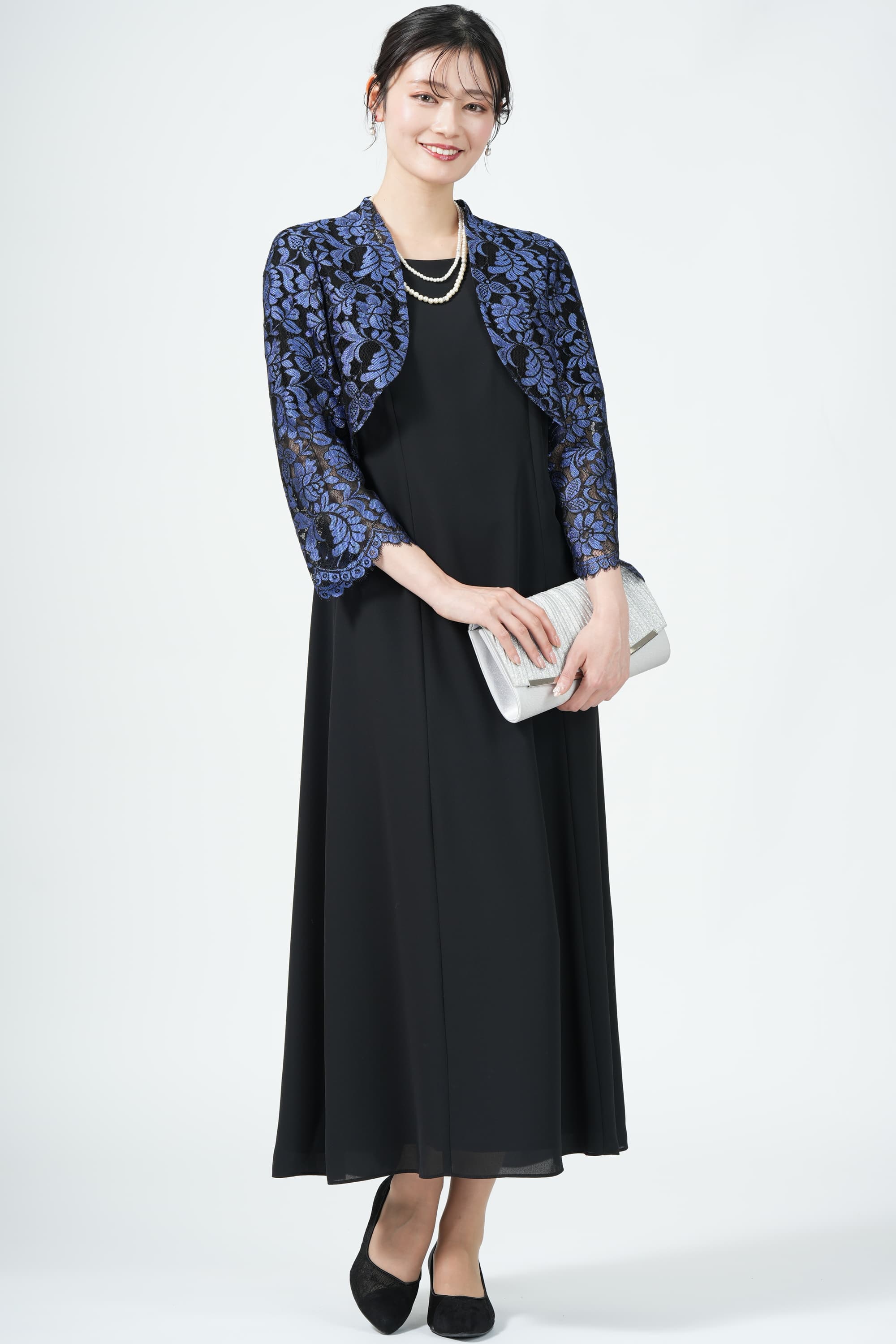 Apploberry 東京ソワール ラッセルフラワーブルー刺繍×ブラックドレスセット