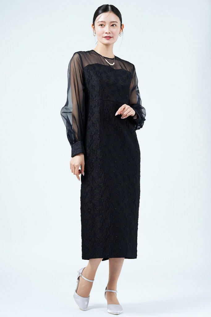 UNITED ARROWS バルーン袖ジャガード濃紺ドレス