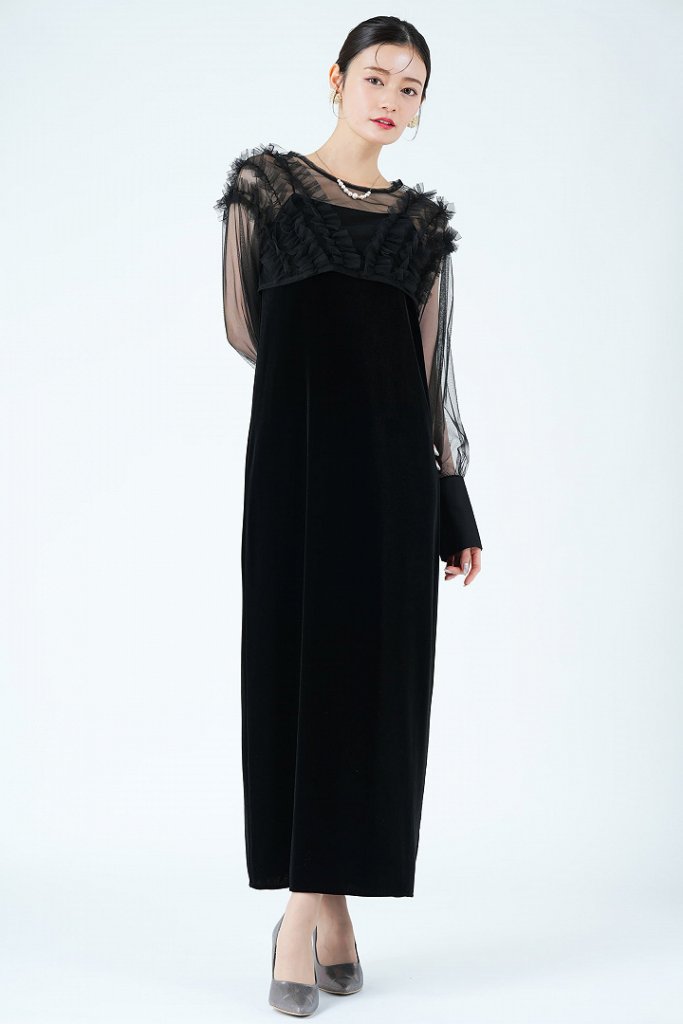 CAPRICIEUX LE’MAGE エアリーチュール×ベロアブラックドレス