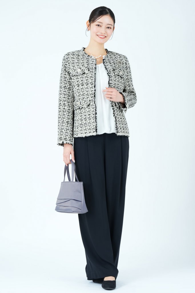 東京ソワール traumerei ファンシーツイードジャケット×ブラックパンツスーツセット