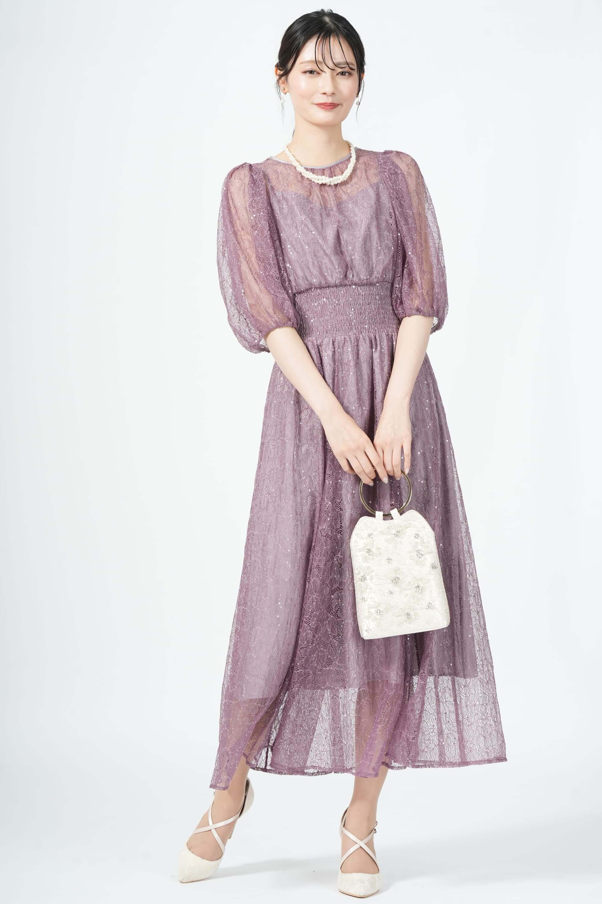  JILLSTUART スパンコール混レースモーブドレス