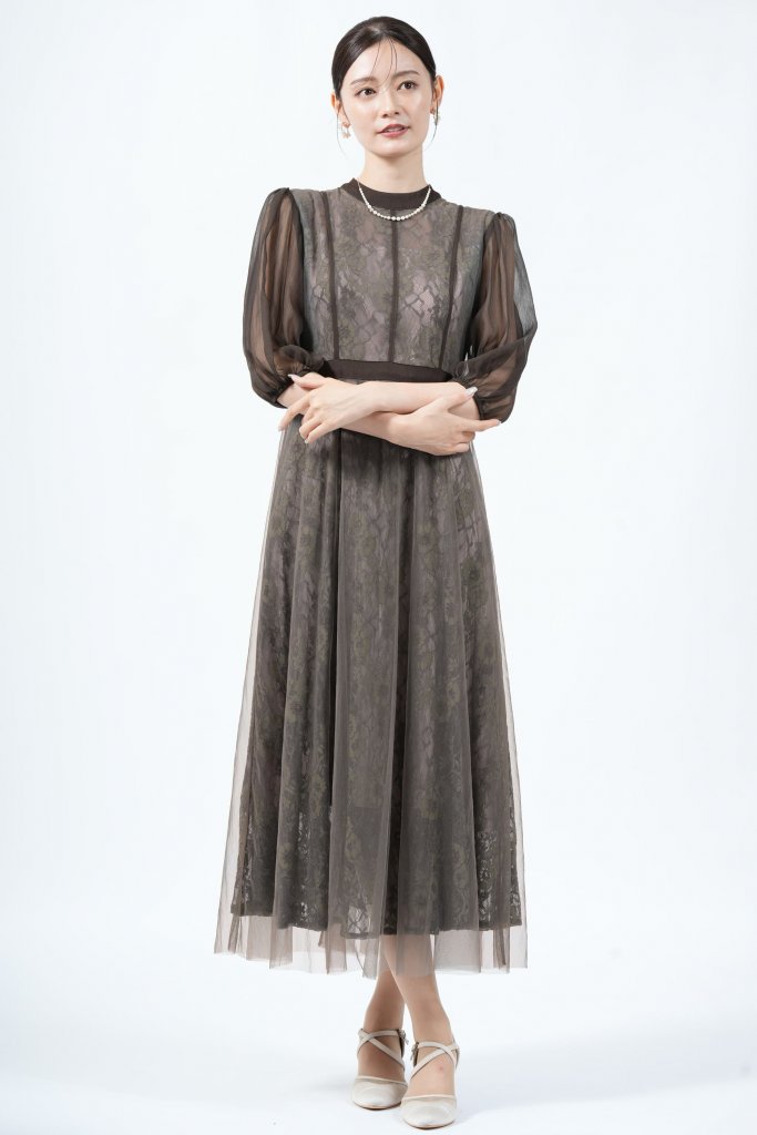  LEJA チュール×花柄レースブラウンドレス