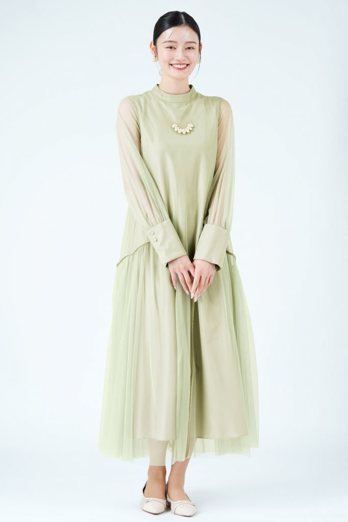 ANDRESD 総チュール×パイピングイエローグリーンドレス