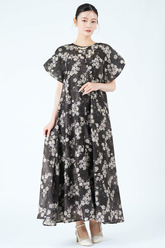 Ameri VINTAGE クラフト調フラワーブラックドレス