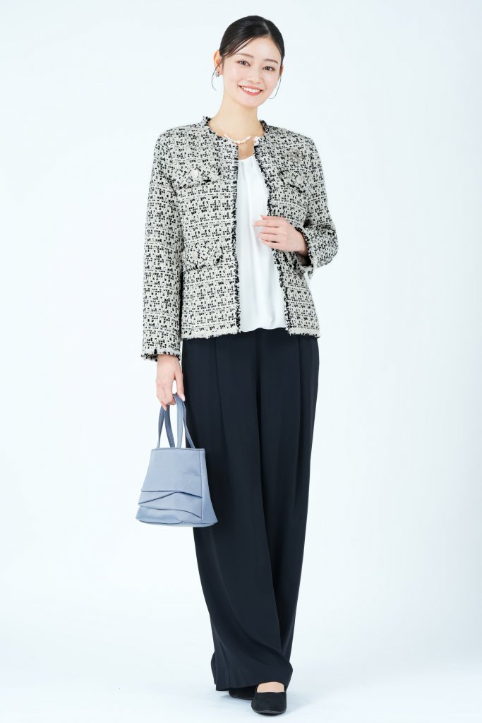 東京ソワール traumerei ファンシーツイードジャケット×ブラックパンツスーツセット
