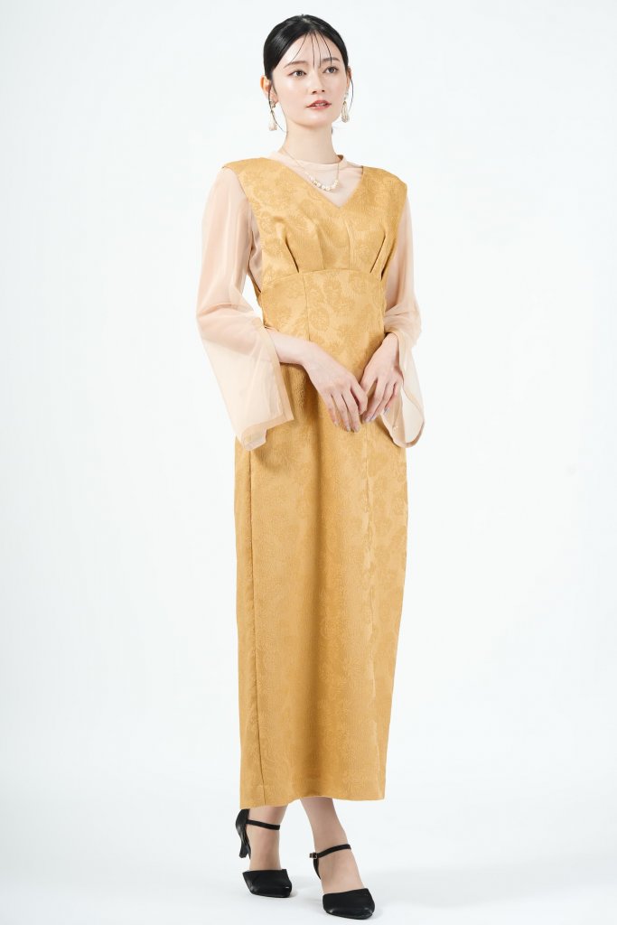 AIMER リーフ柄ジャガードジャンスカマスタードドレス