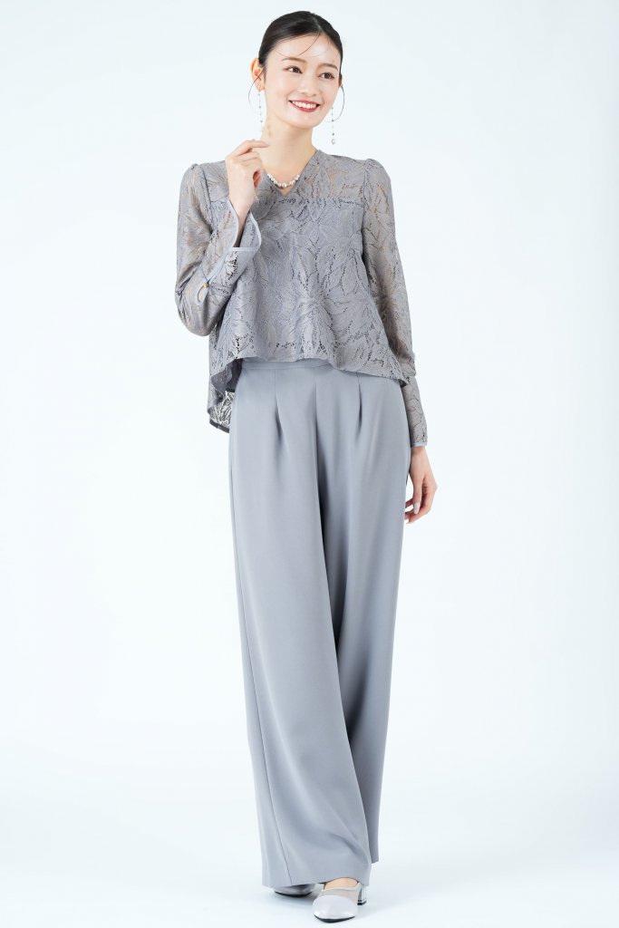 AIMER リーフ柄レース×ワイドくすみブルーパンツドレス