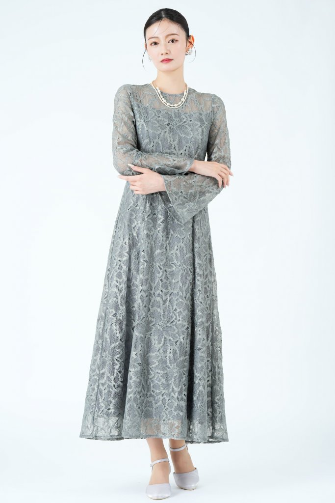 AIMER 陰影フラワーレースくすみブルードレス