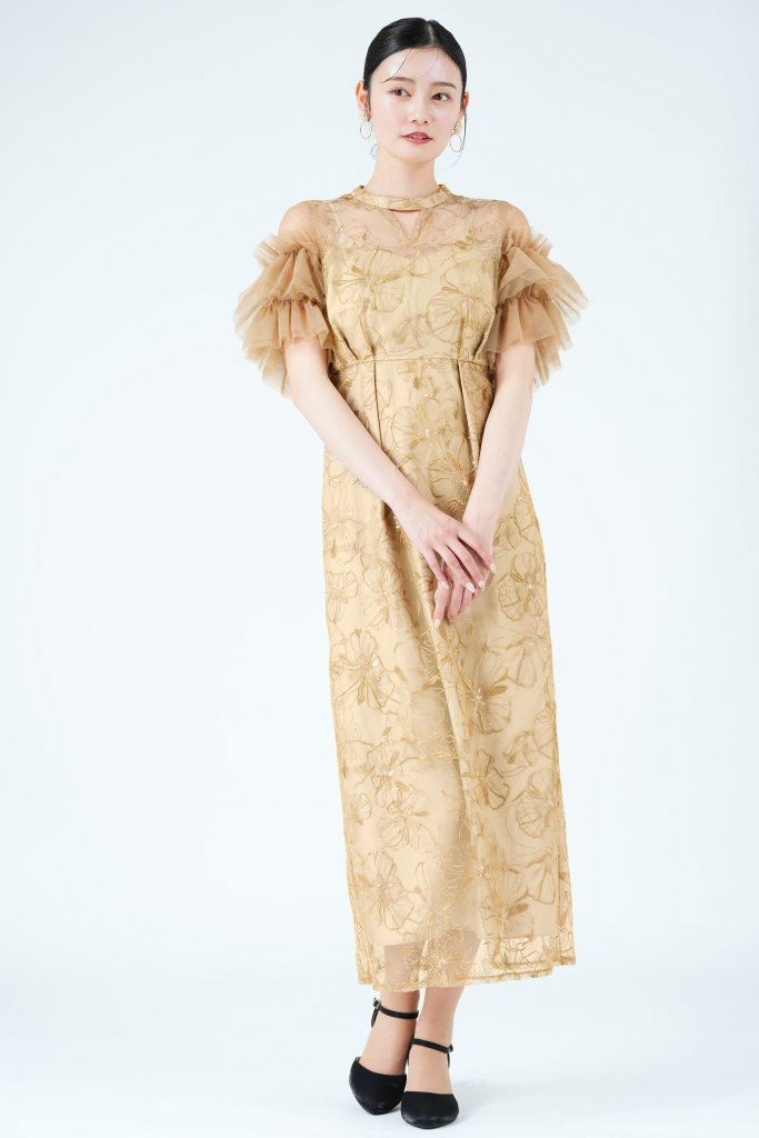 ANDRESD フラワー刺繍スパークルベージュドレス