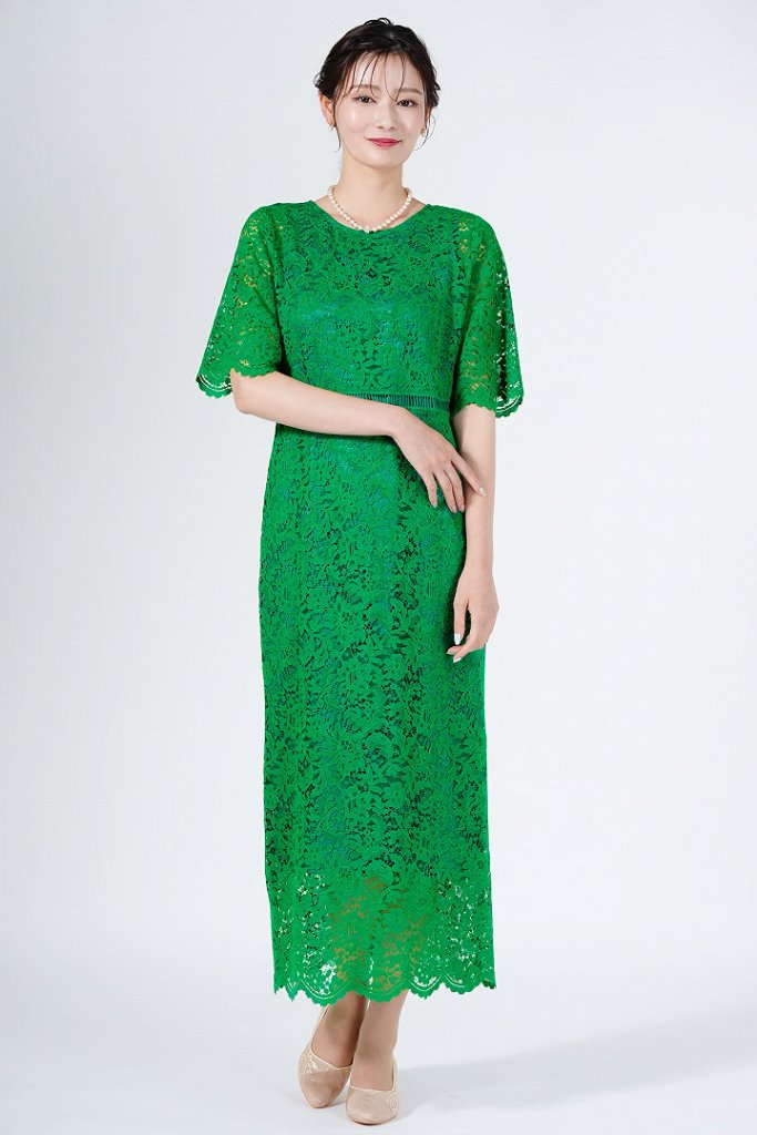 UNITED ARROWS green label relaxing ミディ丈Iライン総レースグリーンドレス