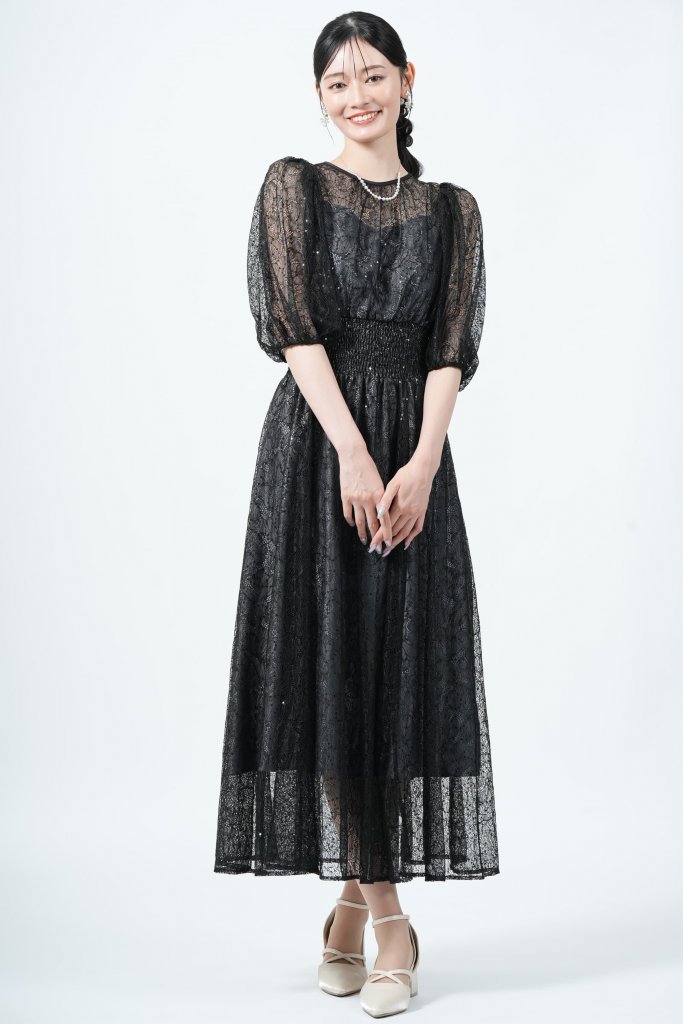 JILLSTUART スパンコール混レースブラックドレス