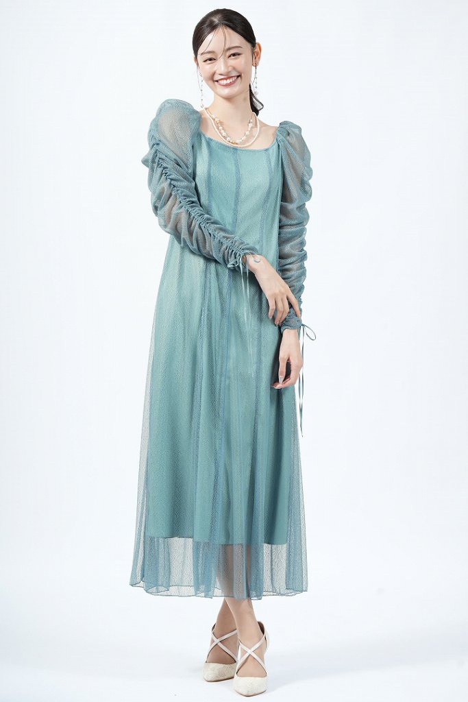 JILLSTUART バックリボン繊細チュールブルーグリーンドレス