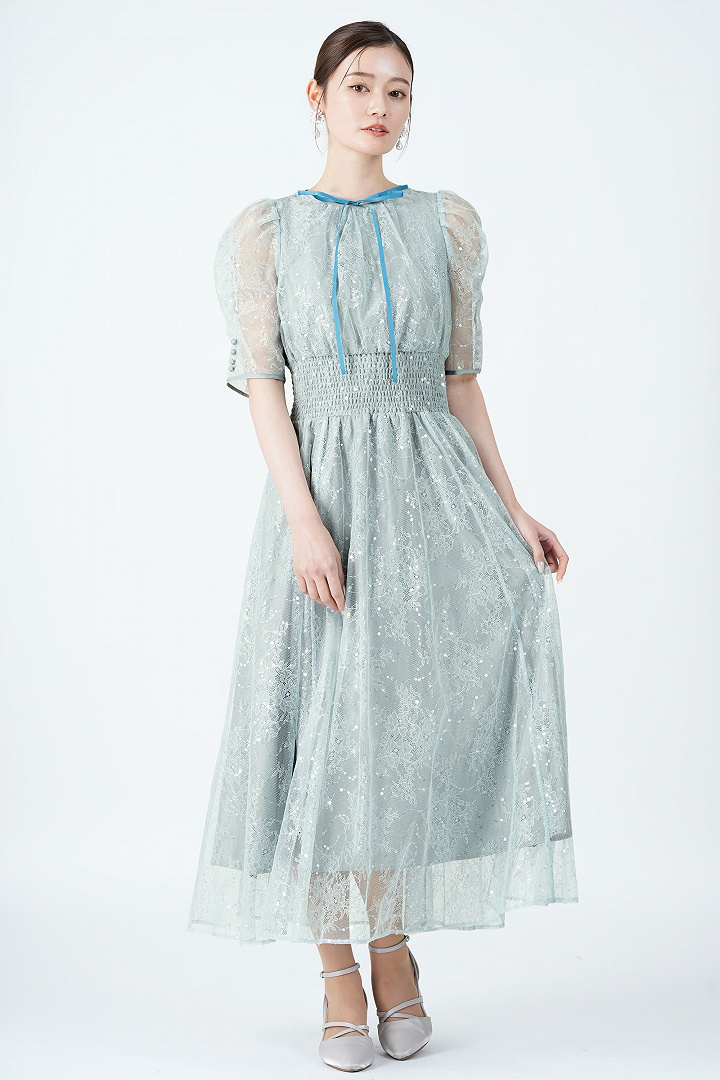 JILLSTUART スパンコール総レースブルードレス