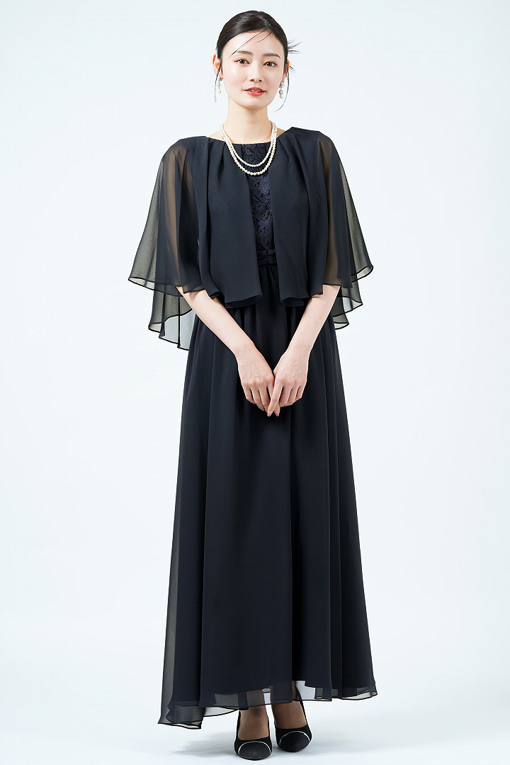 EMOTIONALL DRESSES 東京ソワール フリュイドケープ風スリーブネイビードレス