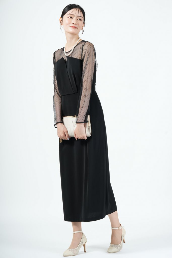 UNITED ARROWS green label relaxing レイヤード風ドットチュールブラックドレス