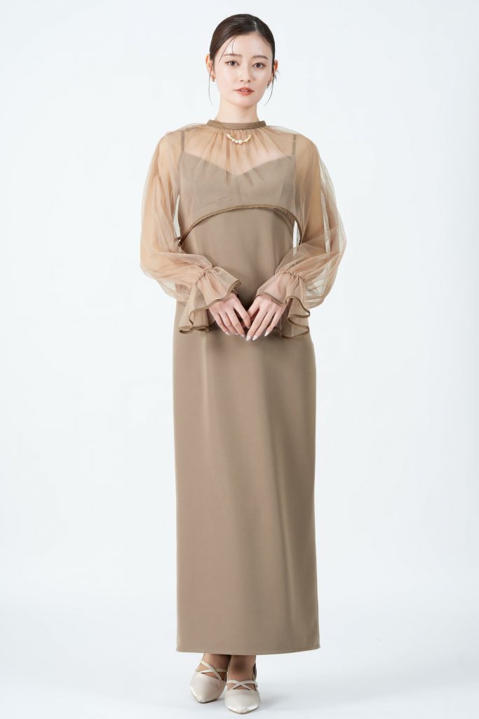 Ameri VINTAGE シアーチュールトップス付きベージュドレス
