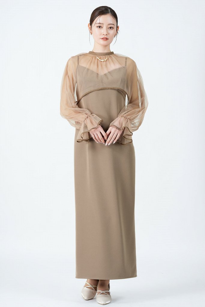 Ameri VINTAGE シアーチュールトップス付きベージュドレス