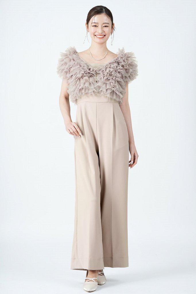 SNIDEL 配色チュールボレロ付きピンクベージュパンツドレス 