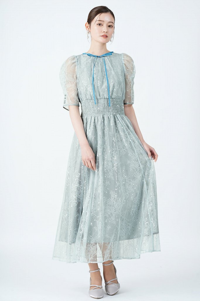 JILLSTUART スパンコール総レースブルードレス