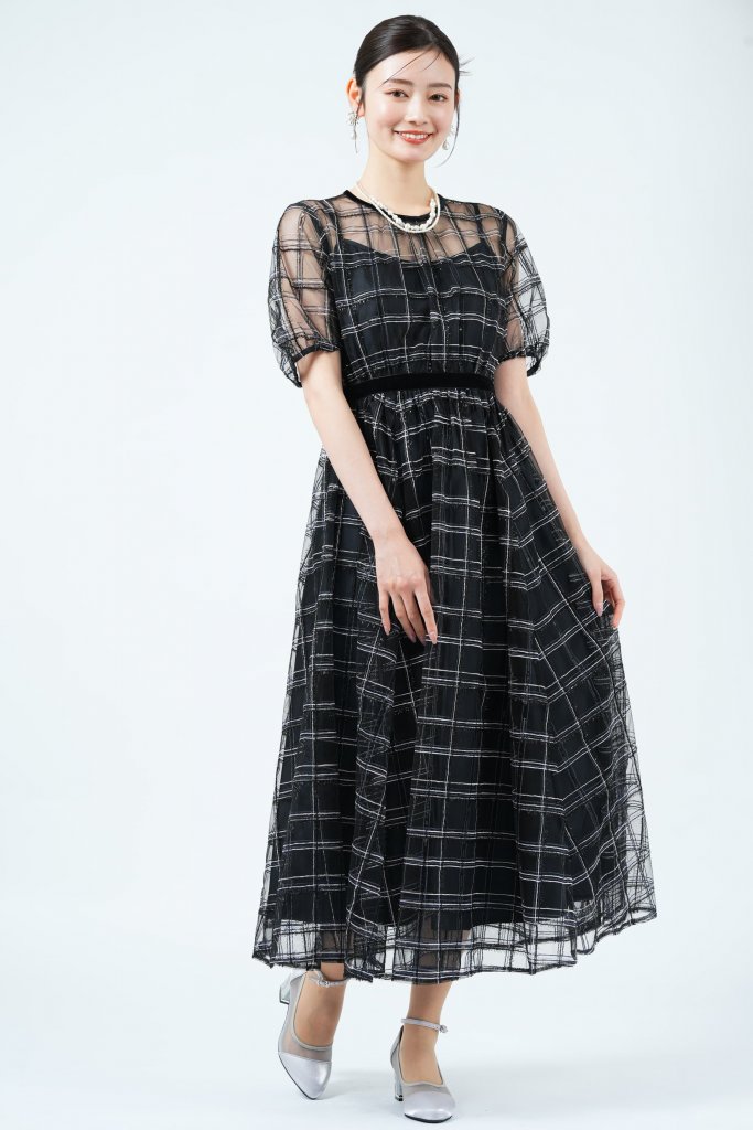 JILLSTUART スパンコールチェック刺繍ブラックドレス