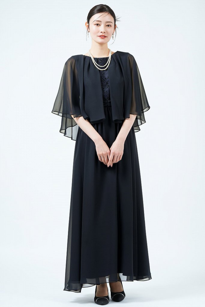 EMOTIONALL DRESSES 東京ソワール フリュイドケープ風スリーブネイビードレス