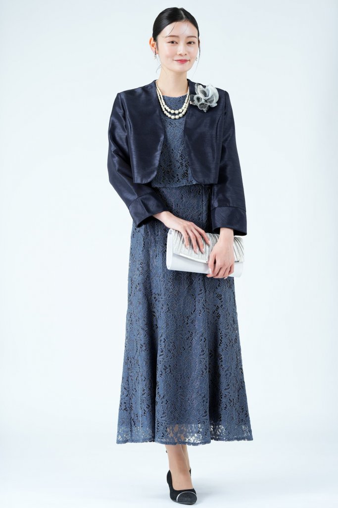 COCCOLUSSI 東京ソワール シアー袖マーメイドラインネイビードレス