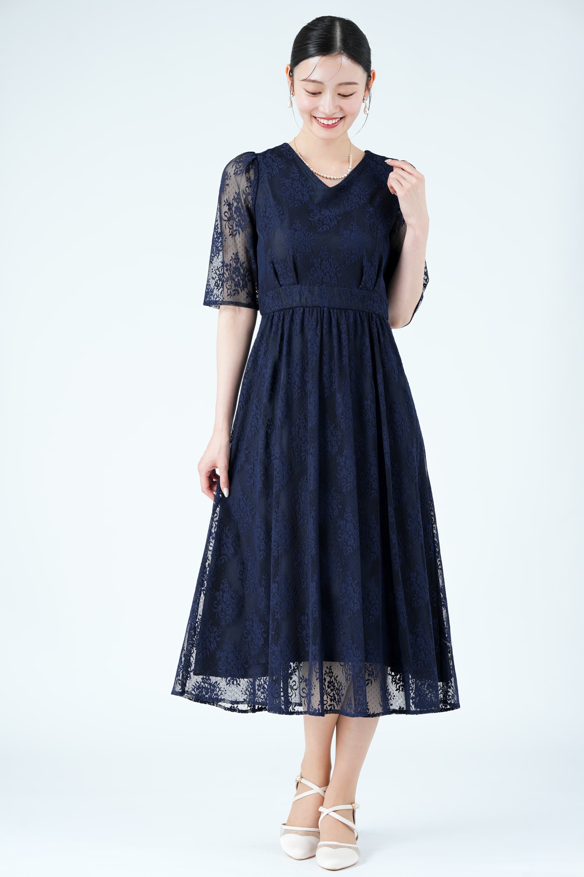 AIMER 総レースネイビードレス