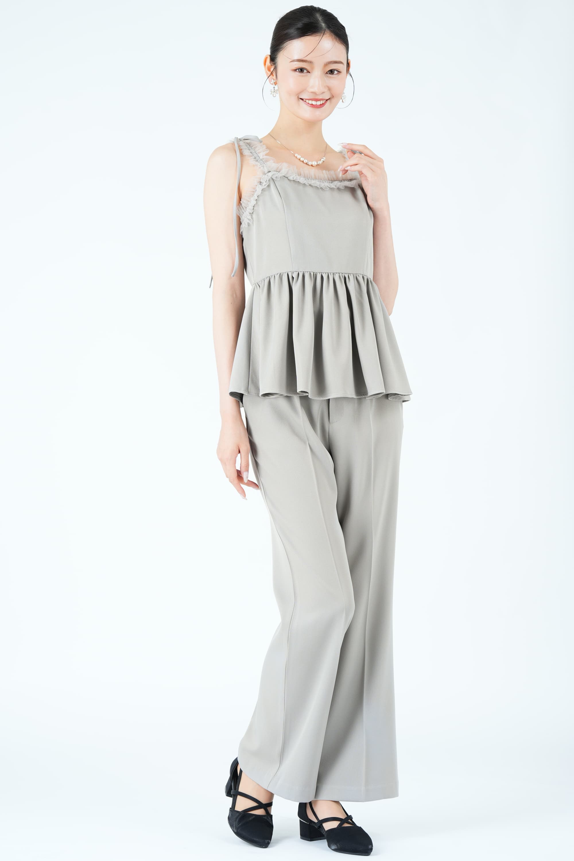 JILLSTUART チュール装飾ペプラムグレーパンツドレス
