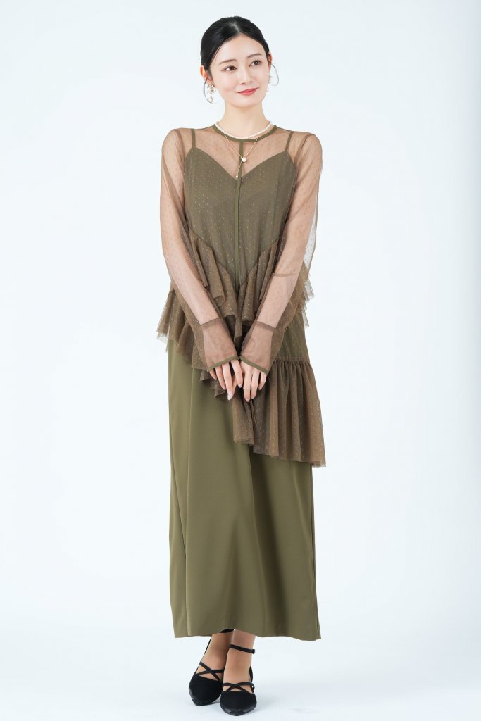 Ameri VINTAGE アシンメトリーフリルシアーカーキドレス