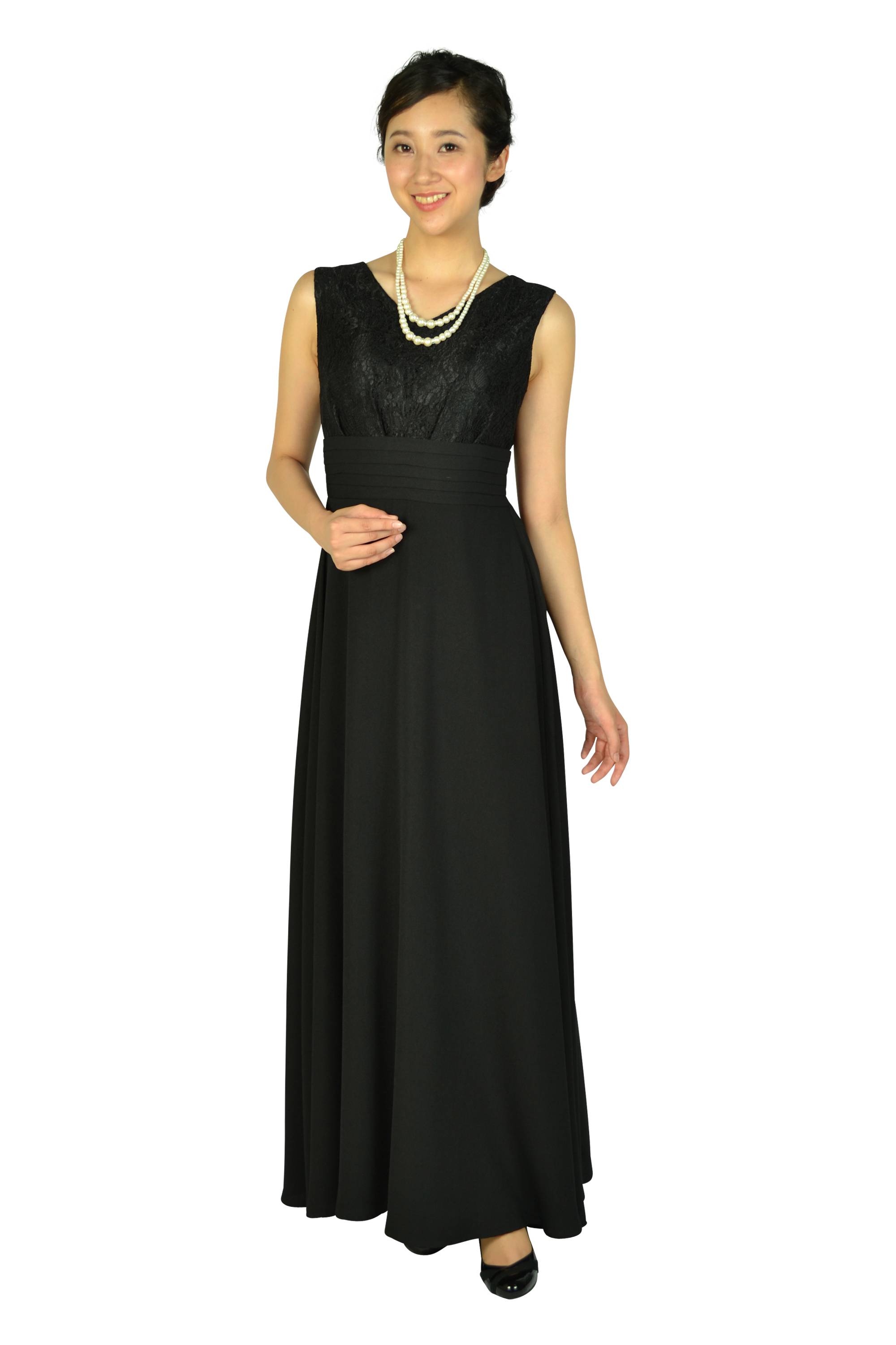 LUXE GRACE レース×ジョーゼットブラックロングドレス