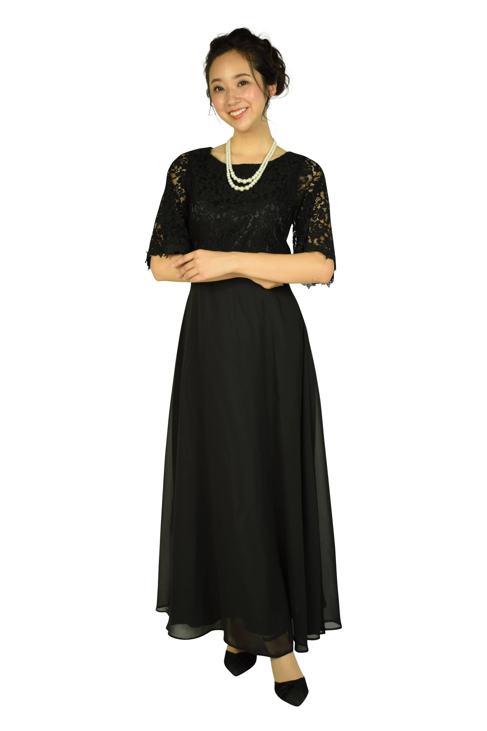 Hermoso luxe レースフレア袖ブラックロングドレス