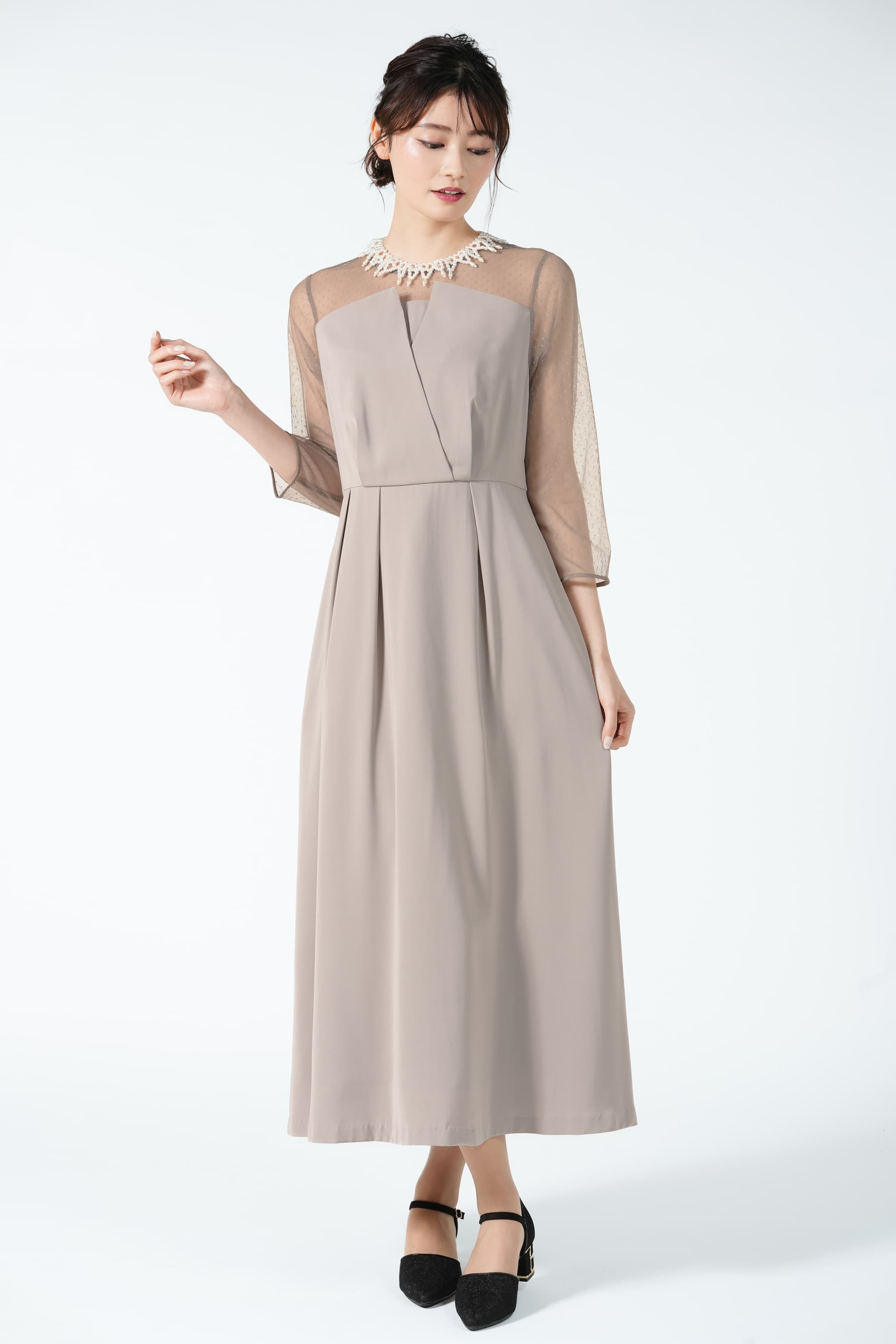 UNITED ARROWS green label relaxing レイヤード風ドットチュール切り替えグレージュドレス