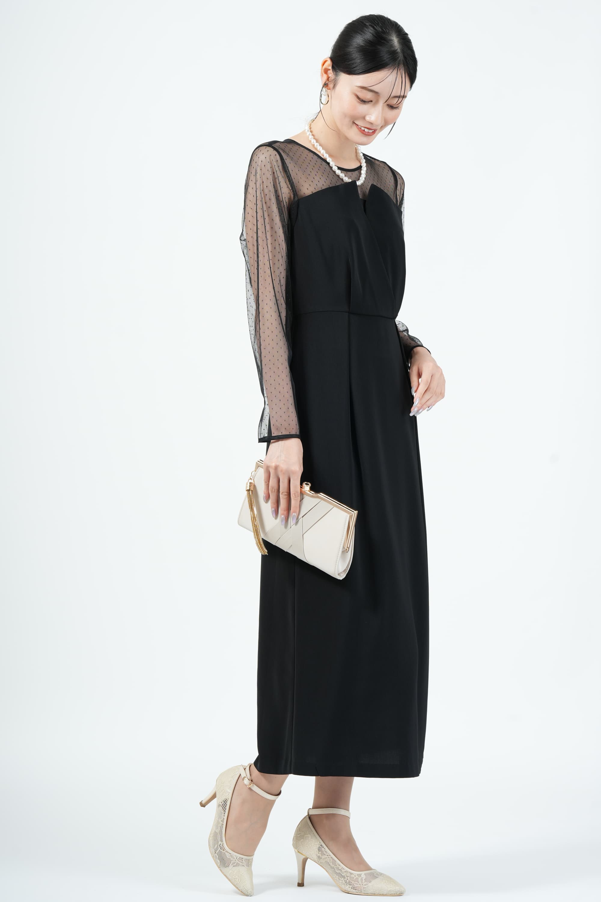 UNITED ARROWS green label relaxing レイヤード風ドットチュールブラックドレス