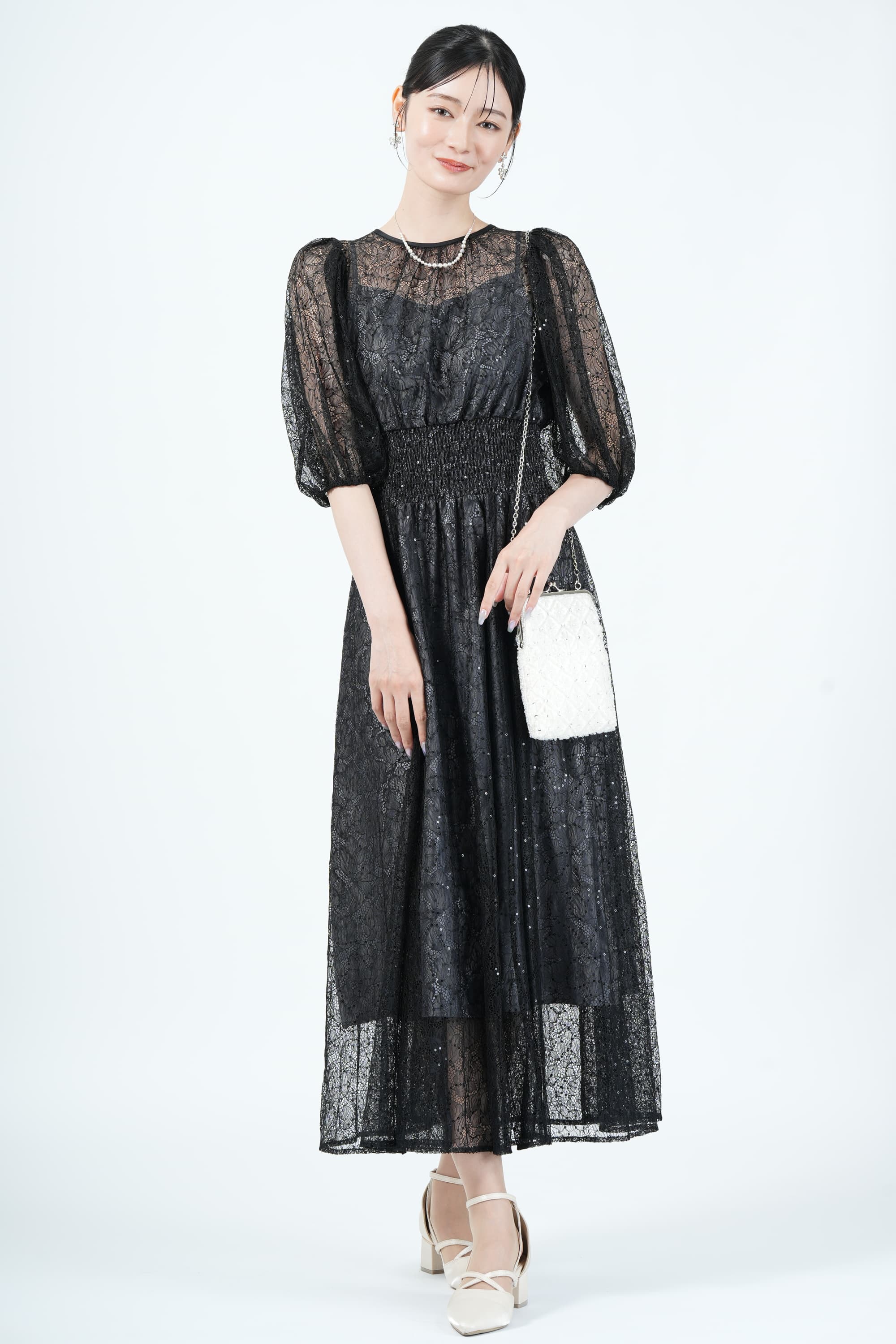 JILLSTUART スパンコール混レースブラックドレス