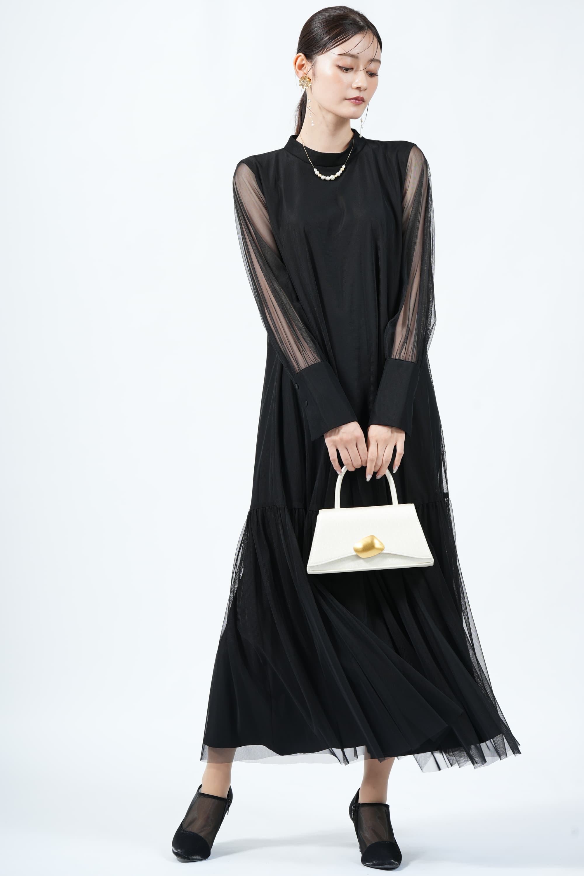 CAPRICIEUX LE’MAGE ハイネックチュールブラックドレス