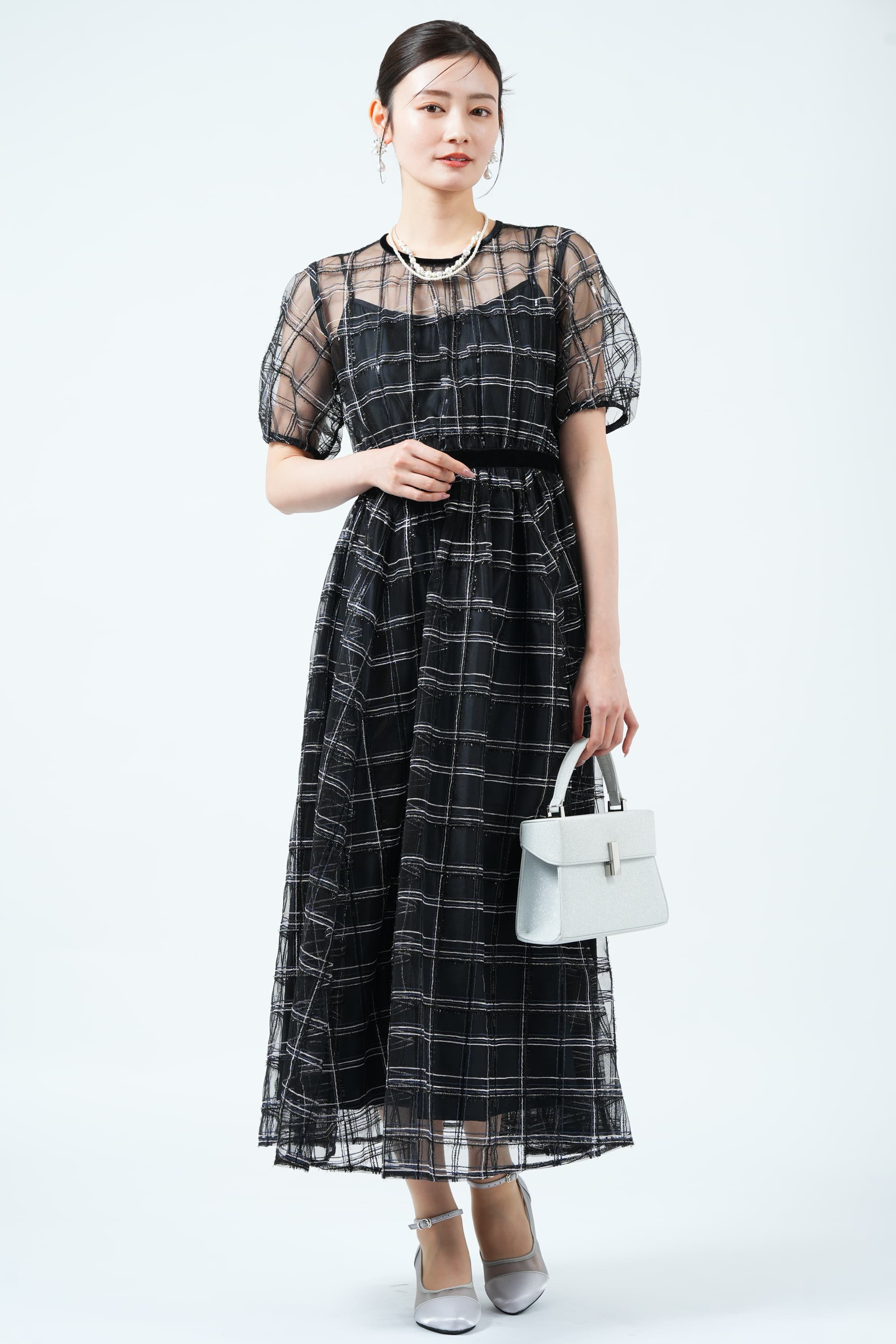 JILLSTUART スパンコールチェック刺繍ブラックドレス　