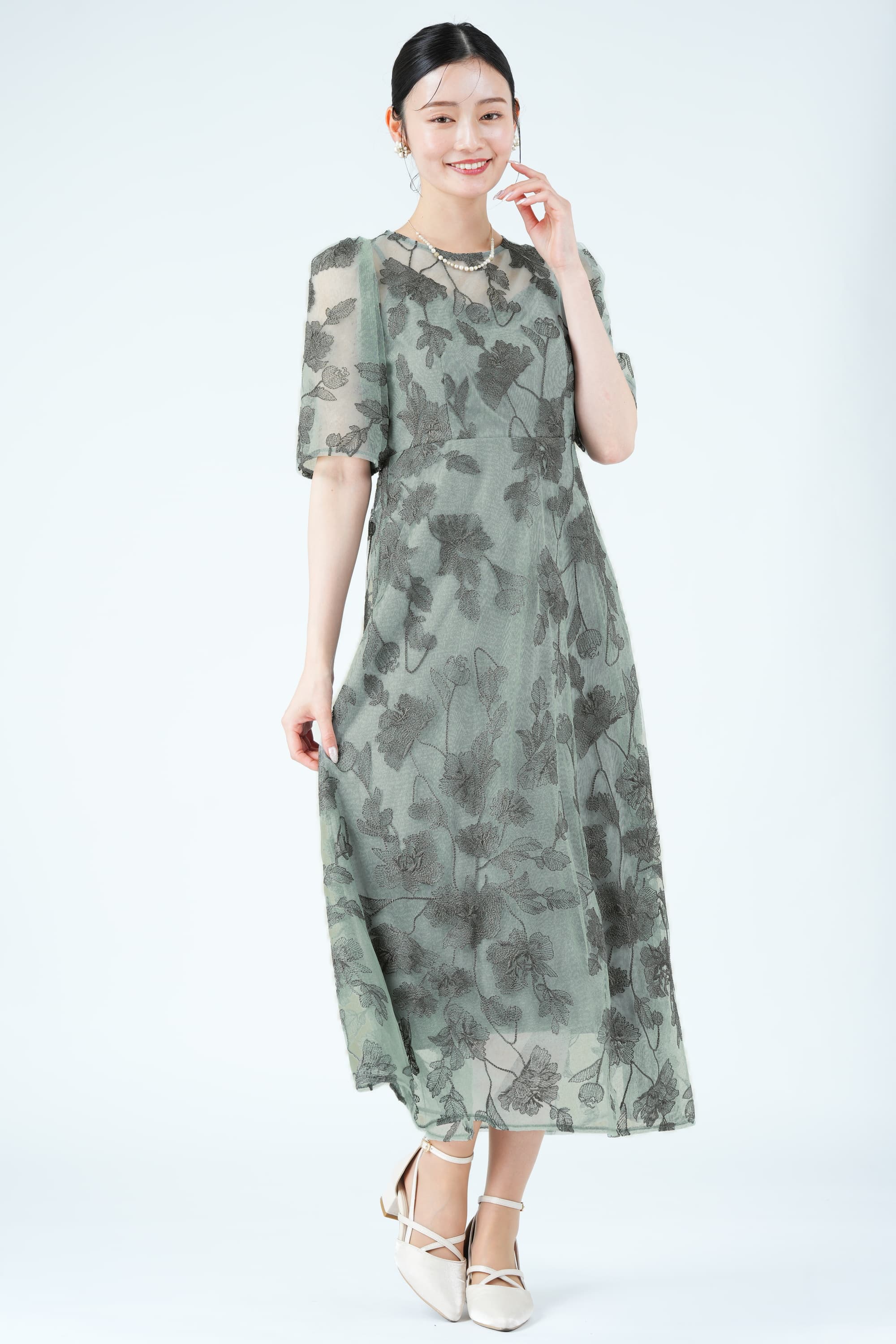 URBAN RESEARCH ROSSO 配色リーフフラワー柄グリーンドレス