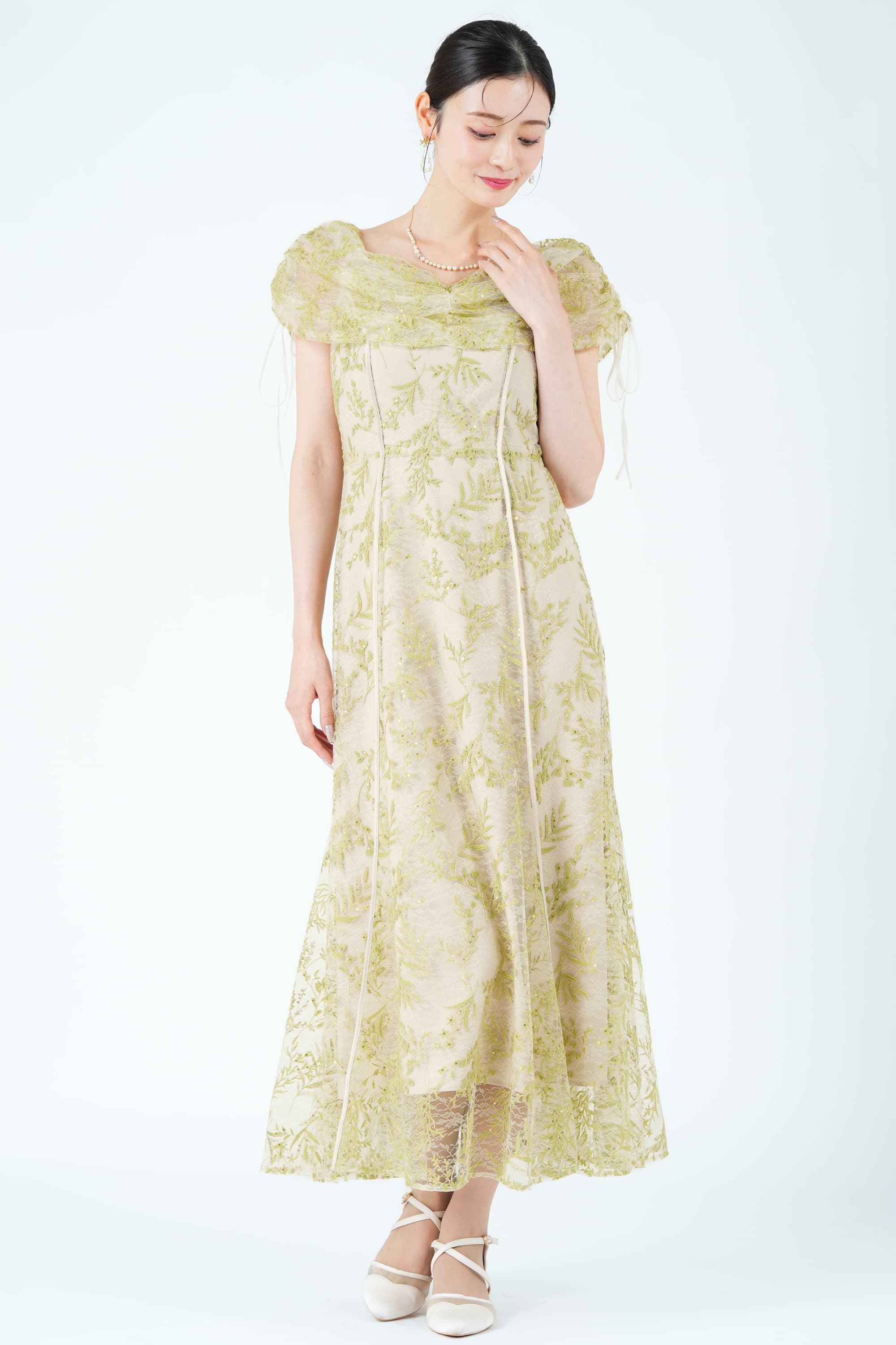 FRAY I.D シークイン花モチーフライムグリーンドレス