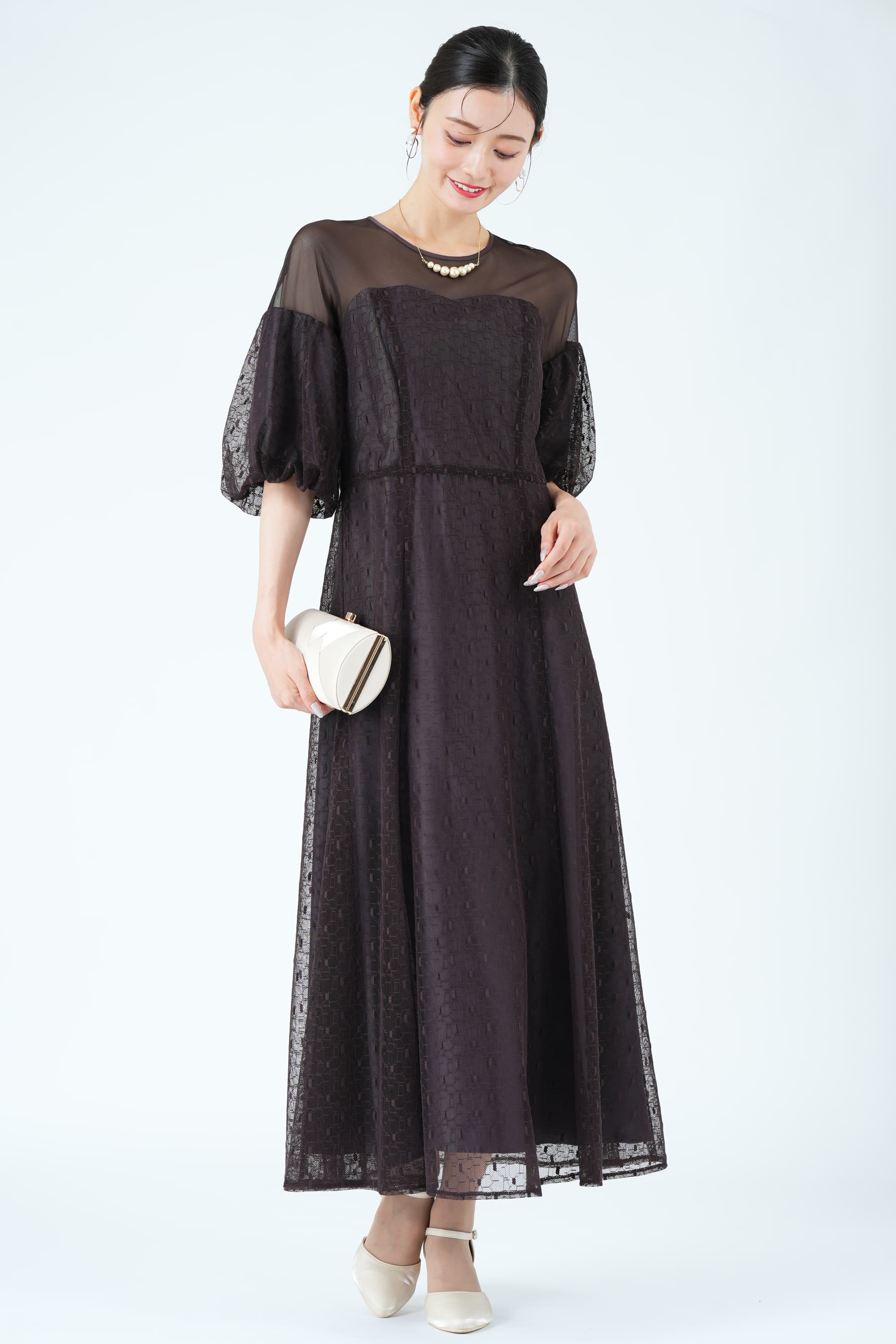 URBAN RESEARCH ROSSO 幾何学レース×パフスリーブブラウンドレス