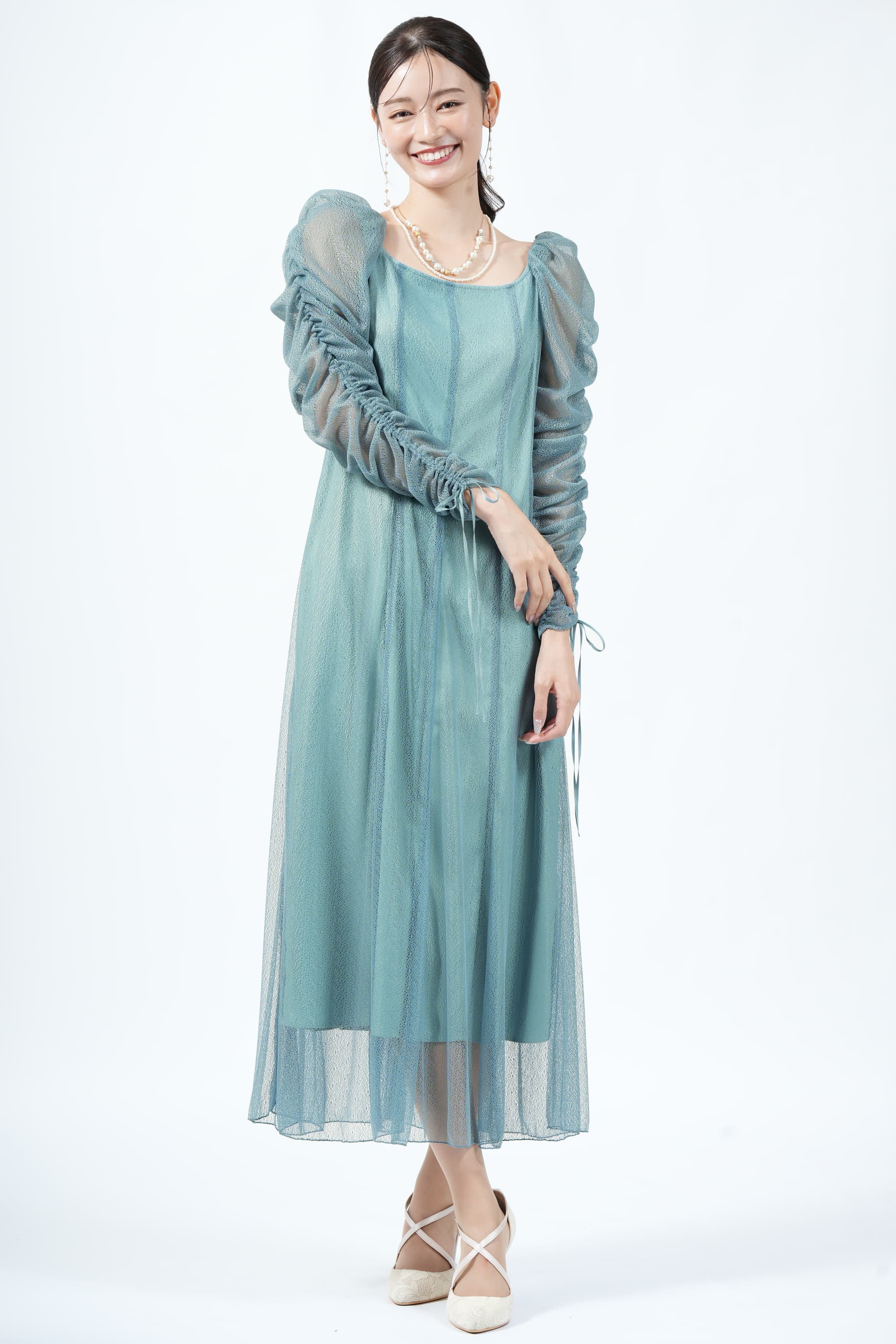 JILLSTUART バックリボン繊細チュールブルーグリーンドレス