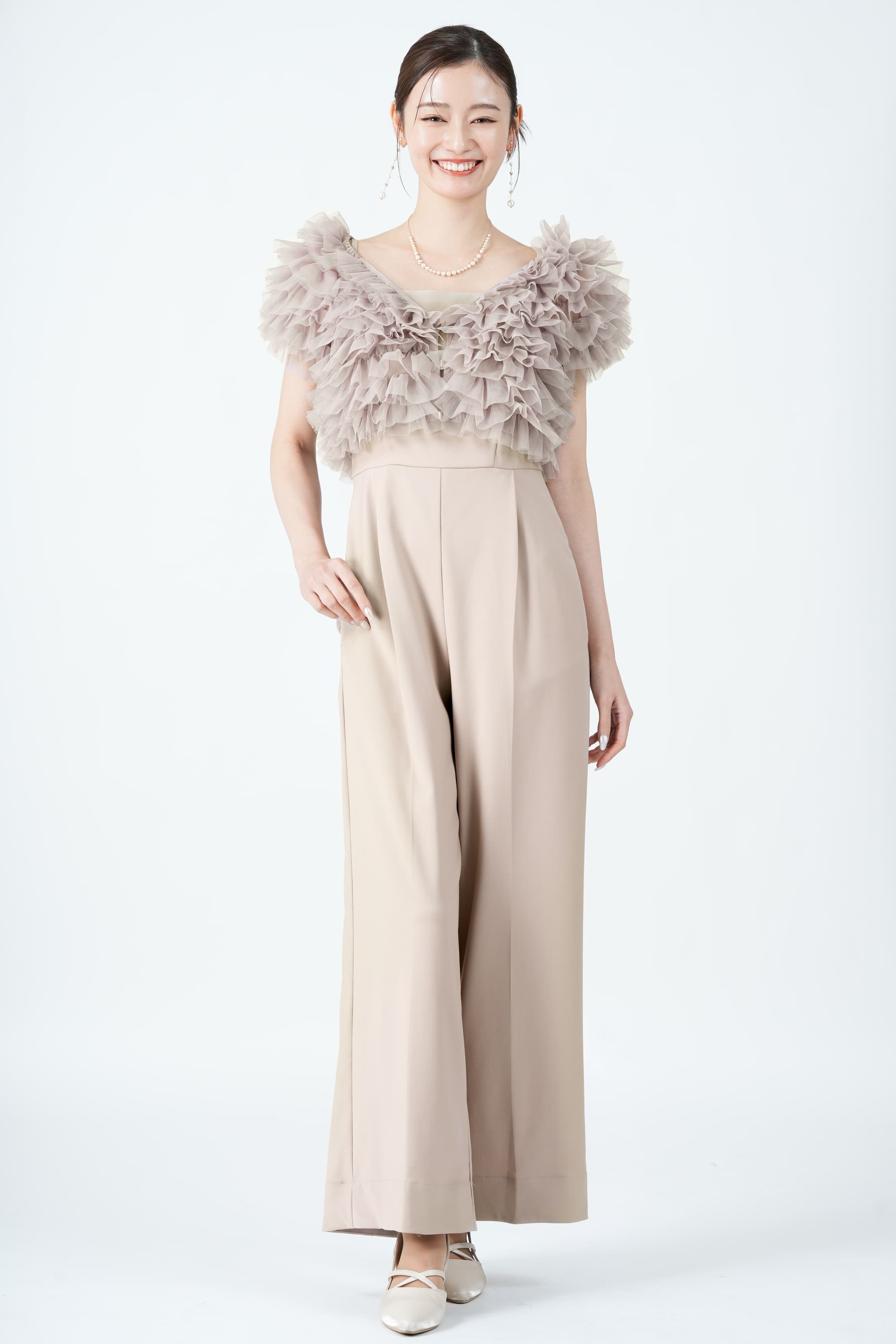 SNIDEL 配色チュールボレロ付きピンクベージュパンツドレス