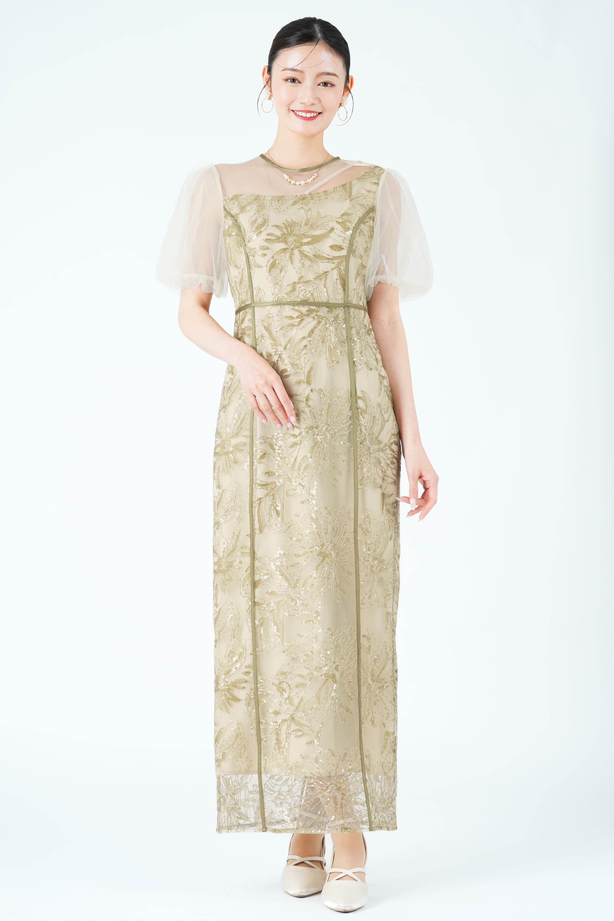 LEJA アシンメトリーカット花刺繍グリーンドレス