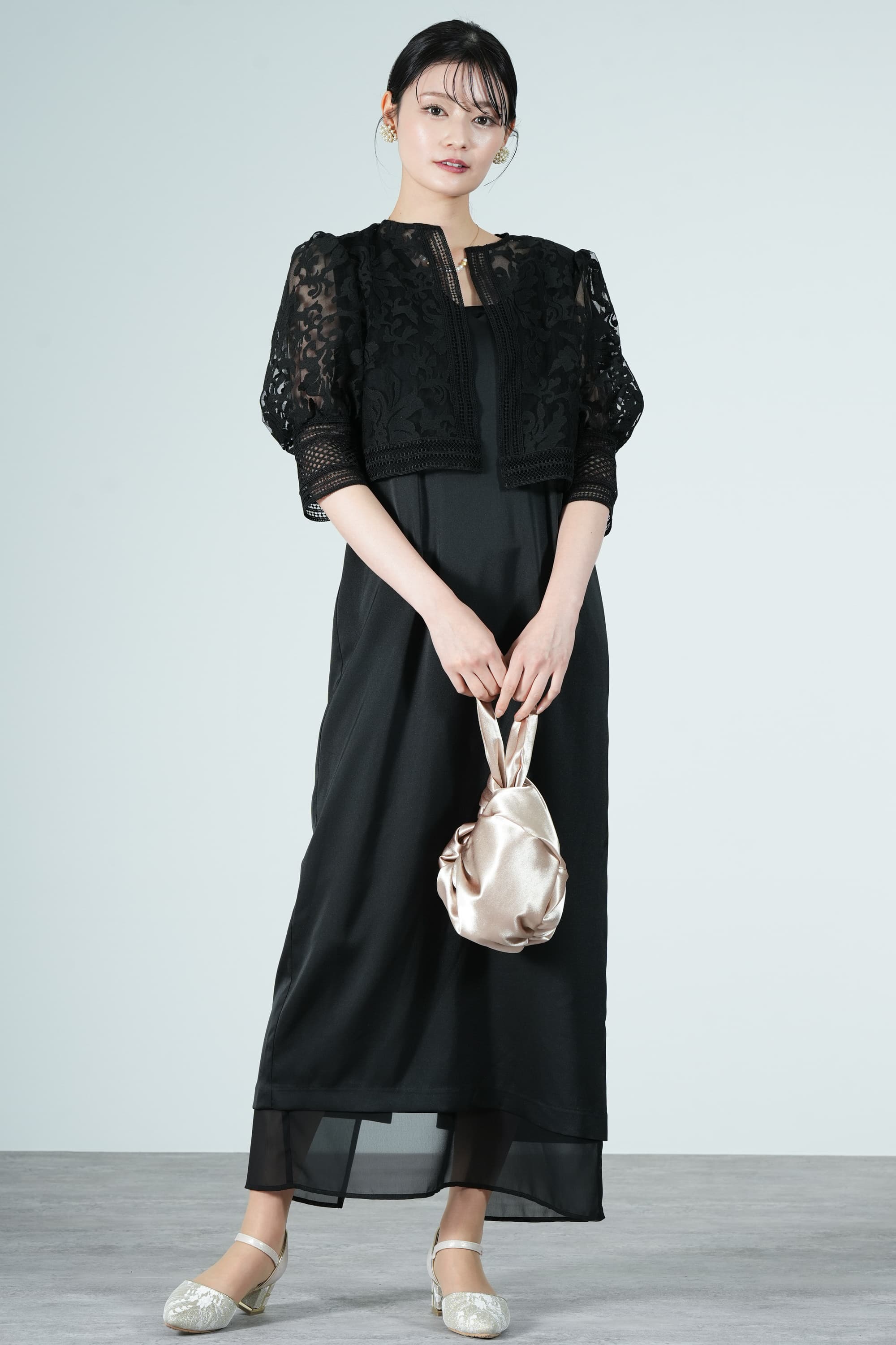 Ameri VINTAGEボタニカル柄レースボレロレイヤードブラックドレス