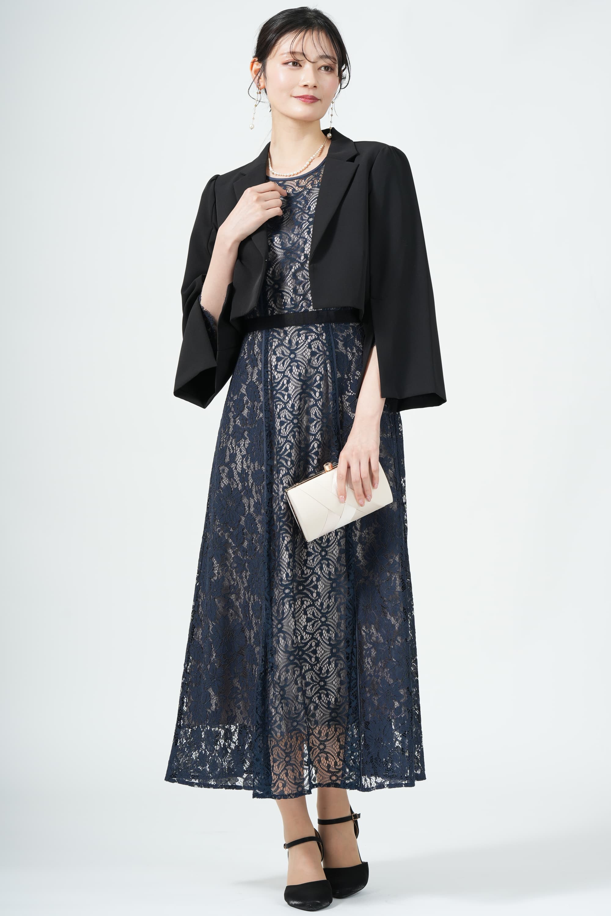 Callarusスイッチングレースネイビードレス