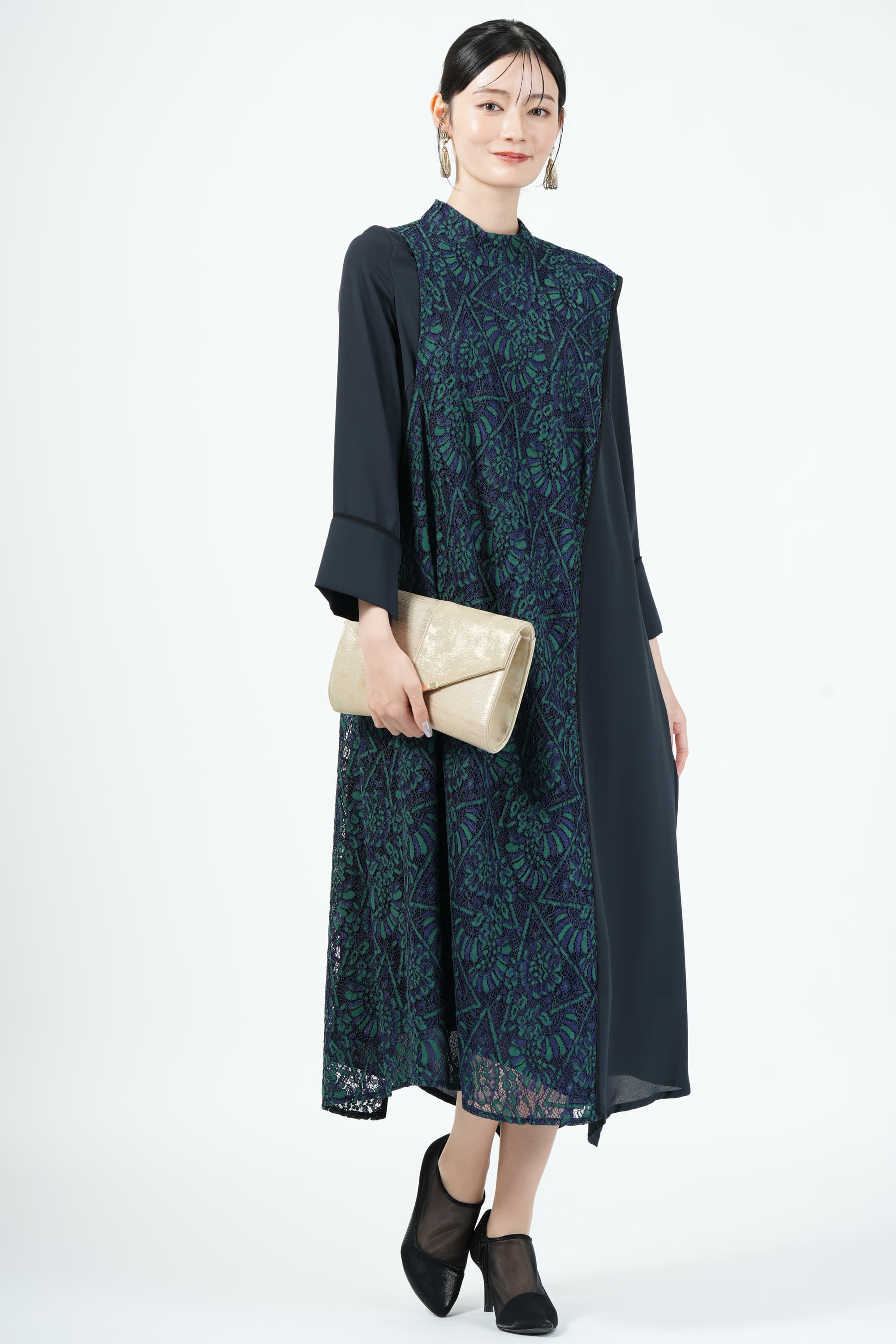 Callarusアシメドレープ切り替えネイビー×グリーンドレス